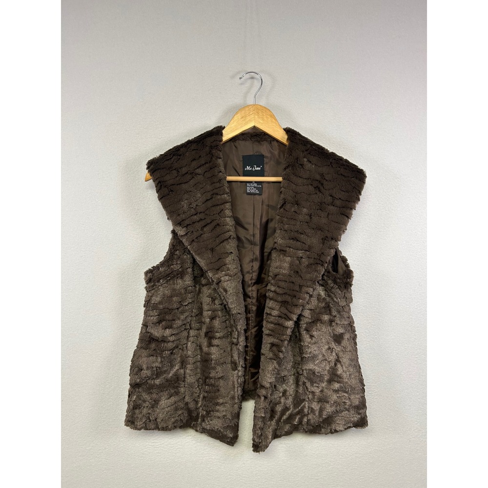 Glam Chic Me Jane Womens XL Brown Faux Fur Shawl Collar Open Front Vest